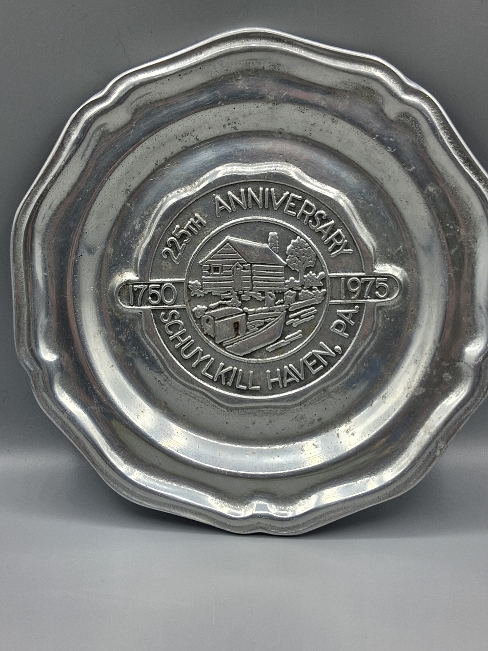 Vintage Schuylkill Haven PA 225th Anniversary Pewter Plate 1750-1975 Log Cabin